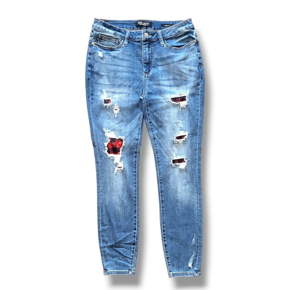 Judy Blue JB88316 Skinny Jeans 11/30 Distressed Buffalo Plaid Patch Medium Wash